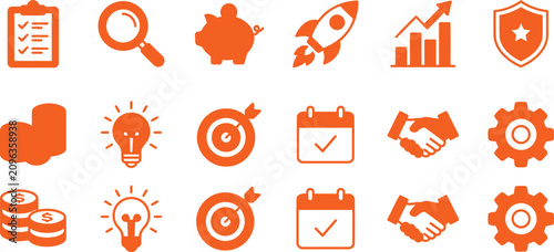 Orange business strategy and growth icon set with business strategy marketing piggybank handshake calendar checklist magnifying management investment development corporate cooperation