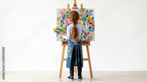 Little girl with long hair wearing an apron painting colorful flowers on a canvas standing at a wooden easel indoors