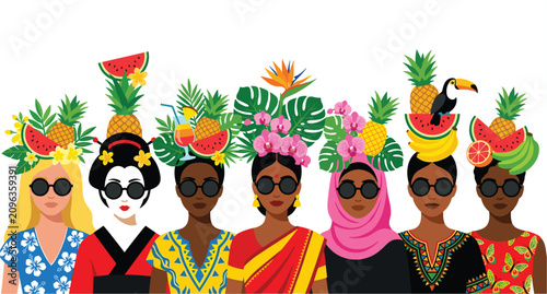 Fotografía Diverse Women in Traditional Costumes with Tropical Fruit and Flower Hats Featur