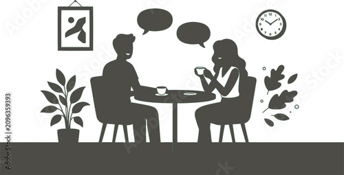 Silhouette of a couple having a conversation at coffee shop with silhouette conversation dialogue interior communication relationship lifestyle together illustration background minimalist