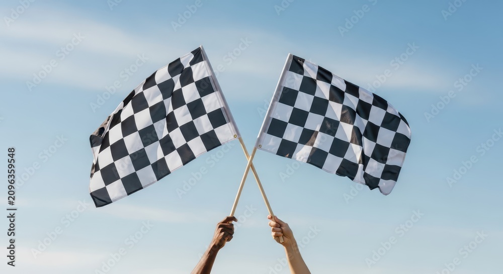 Obraz premium Diverse Hands Holding Crossed Checkered Racing Flags Against a Clear Blue Sky, Symbolizing Victory and Success