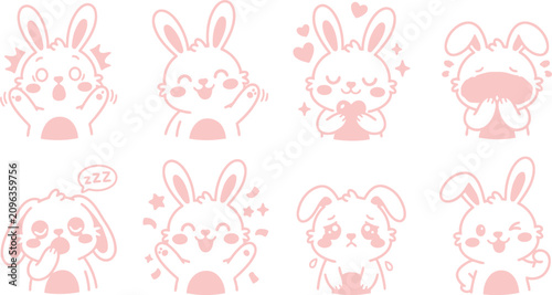 Cute cartoon bunny character set in different poses with character illustration collection whimsical expression creative cheerful activity decorative childlike personality