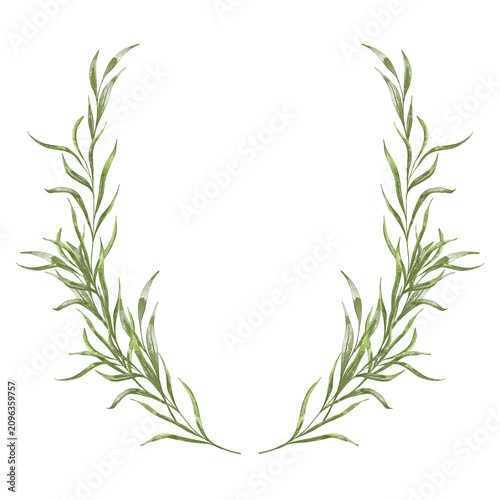 Watercolor greenery wreath. Elegante botanical leaf circle frame. Hand painted floral border, rustic wedding background. Hand Drawn Green Leaves Illustration