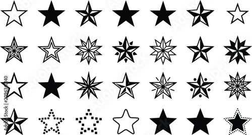 Set of assorted star shapes and designs with collection geometric decorative astronomy celestial decoration minimalist illustration isolated multiple assorted composition abstract