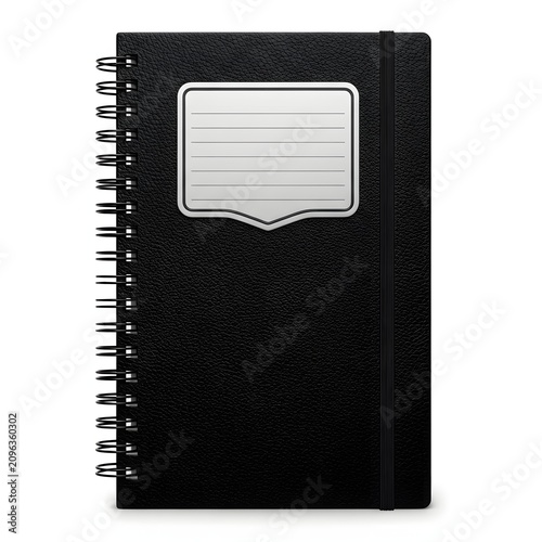 Black spiral notebook with label cover