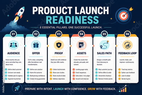 An infographic illustrates the six essential pillars of product launch readiness, guiding a successful launch process.