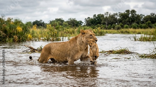 Lioness carrying her cub across a river in the wild.