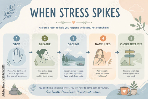 An infographic illustrates a 5-step stress management technique titled When Stress Spikes.