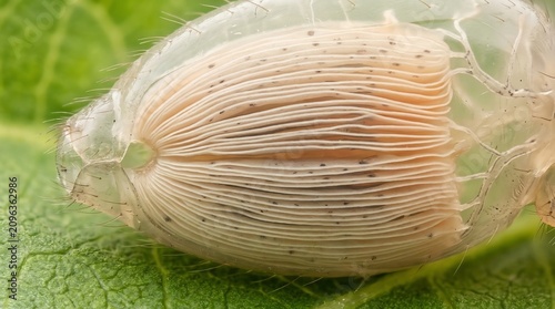 Macro photograph of a delicate insect egg on a green leaf.