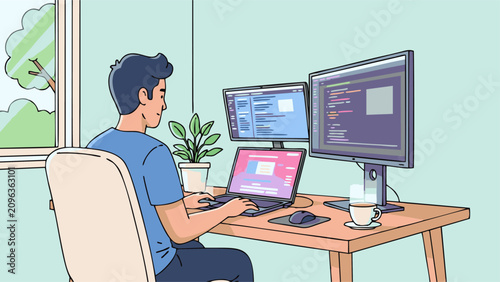 Programmer Working on Multiple Computer Screens in a Modern Home Office