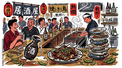 A vibrant illustration of an izakaya, a Japanese pub, bustling with patrons enjoying food and drinks. A chef expertly grills skewers while customers chat and laugh.
