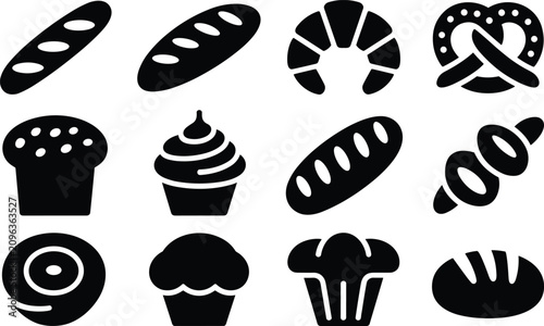 Bakery icon set featuring various fresh bread types and pastry silhouettes on white surface