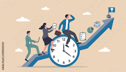 Time management, effort efficiency boost, productivity finish project teamwork planning, multitasking finish work within into deadline concept, business people riding clock up rising arrow