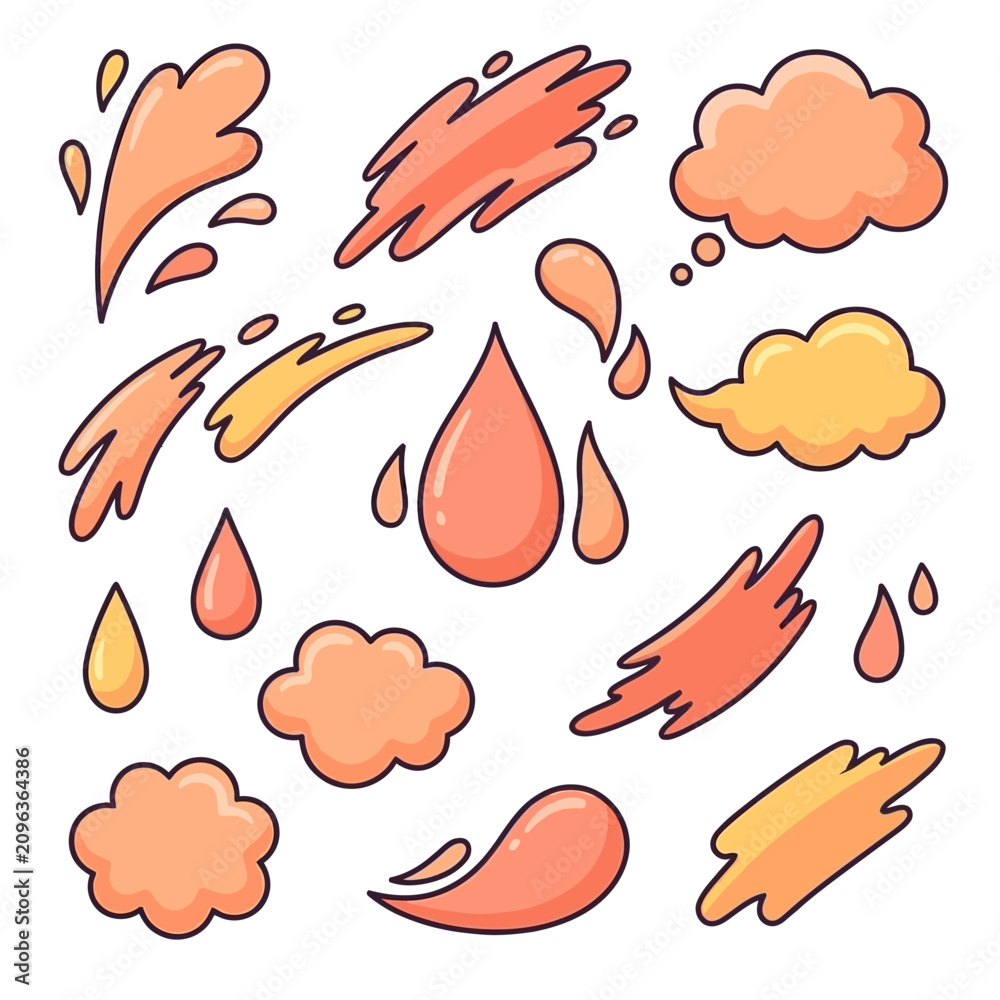 Fototapeta premium Hand-drawn water droplets, splashes and clouds in warm orange tones on a white background