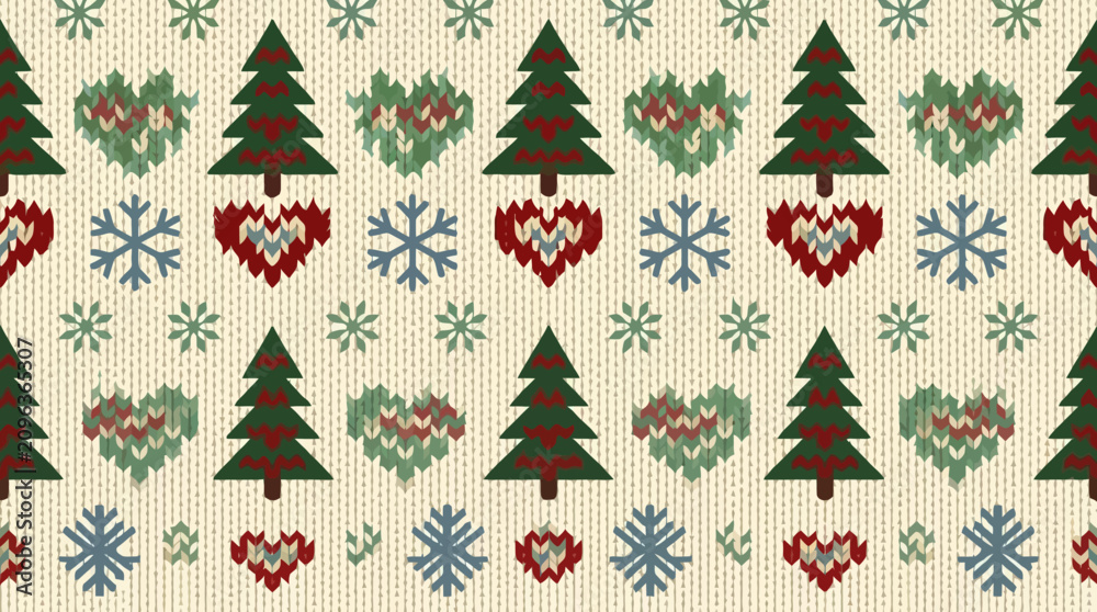 Obraz premium A seamless Christmas pattern with knitted fir trees snowflakes and hearts