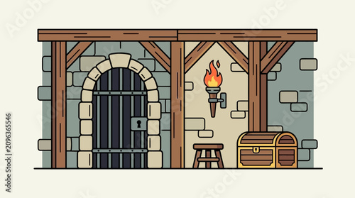 Medieval dungeon interior with wooden door, torch, stool and treasure chest