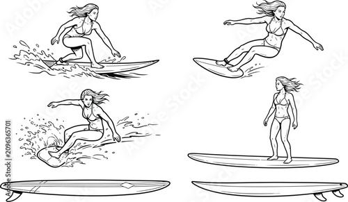 Surfer girl demonstrates professional surfing techniques and balance skills on her surfboard in a series of clean black ink drawings.