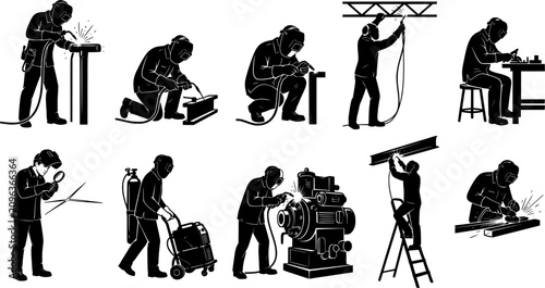 Collection of welding worker and industrial factory icons featuring black silhouettes of manual laborers in protective gear welding steel beams operating machinery and moving equipment isolated 