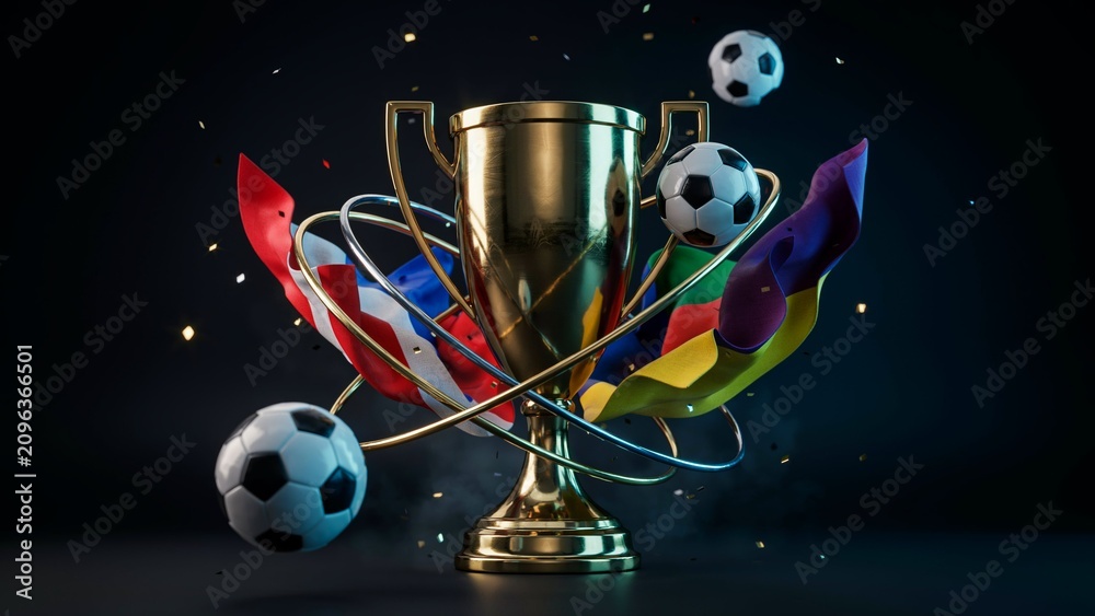 Naklejka premium International Football Championship Trophy with Flags and Soccer Balls