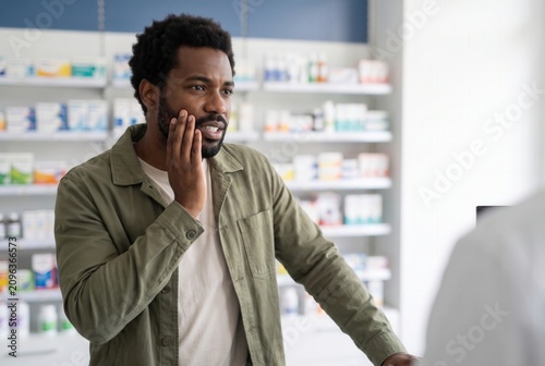 Man with tooth pain seeking relief from a pharmacist in a drug store