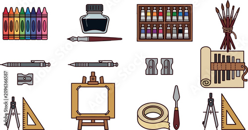 Art supply and painting studio tool vector set featuring wooden easel palette drawing compass paint tubes brushes crayons inkwell and pencil sharpener