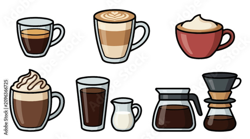 Set of eight different coffee drinks and brewing equipment in a cartoon illustration