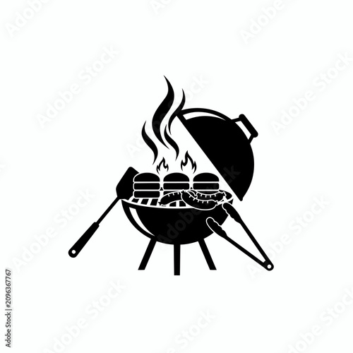 Canvas-taulu Black silhouette of a barbecue grill with food with sausages burgers accompanied