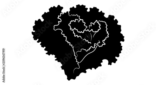 Black silhouette of a leaf with white outline on a white background with outline against plain graphic resource white backdrop illustration with minimalist