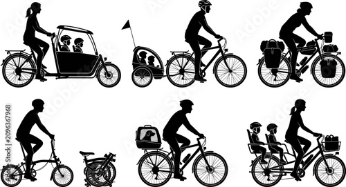 Cycling family silhouettes collection set featuring cargo bike bicycle with child trailer folding bike and touring bag vectors