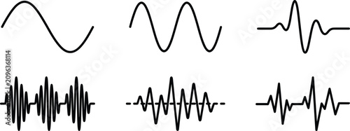 Фотография Sound wave and audio signal vector icon set showing radio frequency vibration fr