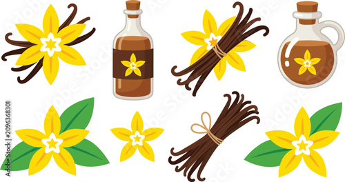 Konstfotografi Natural Vanilla Extract Bottle Vector Illustration Set Featuring Yellow Orchid F