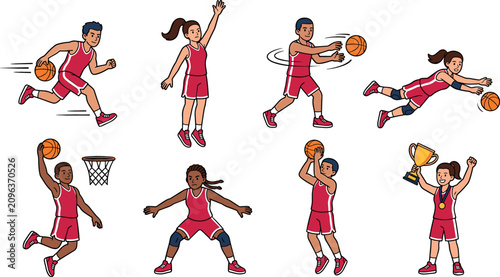 Photos Cartoon basketball player character vector set with boys and girls in red unifor