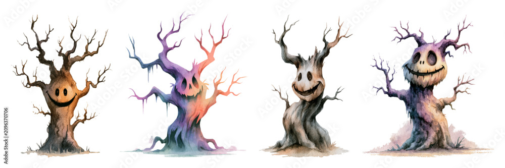 Obraz premium Group of spooky halloween trees with smiling creepy faces and twisted branches, creating a frightening autumn atmosphere for children's fantasy and horror illustrations