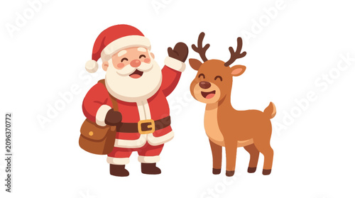 A cheerful cartoon Santa Claus waves beside his friendly reindeer
