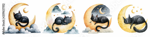 Fotografie Black cats are sleeping soundly on golden crescent moons