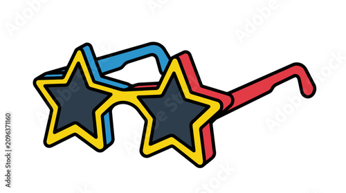 A pair of colorful star-shaped novelty sunglasses on a white background