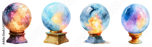 Photography Four unique watercolor crystal balls depicting colorful galaxies, nebulae, and g