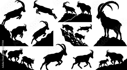 Photography Mountain goat and ibex silhouettes set featuring wild animals climbing cliffs, j