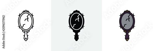 Broken vintage mirror icon with cracks and ornate frame in outline, solid, and flat design styles.
