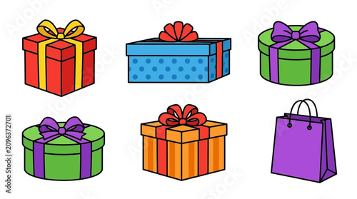 Colorful gift boxes and a shopping bag with decorative ribbons on a white background