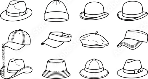 Photos Vector icon set of different types of hats and caps for men and women fashion ac