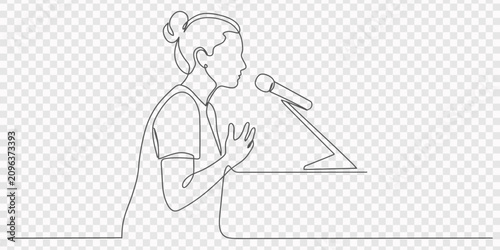 Fotografía Woman speaking at a podium with microphone, continuous line drawing Vector, illustration, speaker at a podium continuous one line drawing, Woman speaking at a podium with microphone, continuous line