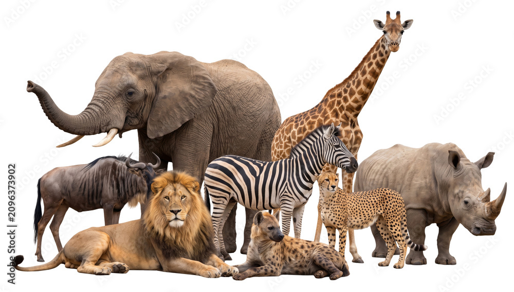 Obraz premium diverse gathering of wild african savanna animals like elephant (loxodonta africana) and lion (panthera leo) isolated on transparent background