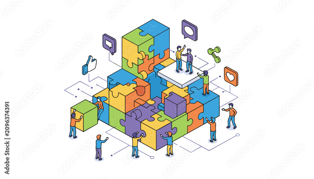 Obraz premium Isometric illustration of diverse people collaborating to build a giant puzzle structure of social media icons.