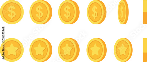 Golden dollar coin icons with rotating money tokens and star reward symbols, shiny cartoon currency vector for finance, banking, gaming bonus and loyalty points design See Less.eps
