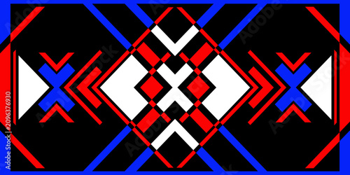 Abstract geometric vector pattern with traditional ethnic folk motifs, featuring bold red, blue, white, and black linear shapes on a dark background.