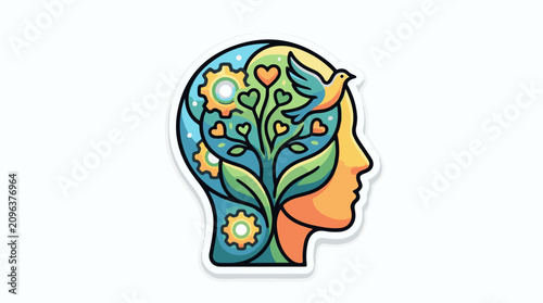 A colorful illustration of a human head with a plant and bird growing out of it
