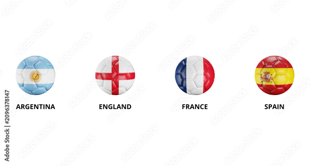 Obraz premium International football tournament semi finalists editable vector graphic template. Argentina, England, France, and Spain national flag 3D soccer balls isolated on white background.