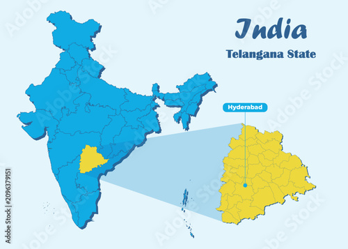 Telangana state highlighted in yellow in Indian map with editable vector illustration. Political map showing the location of Telangana with Hyderabad marked, suitable for education and travel.