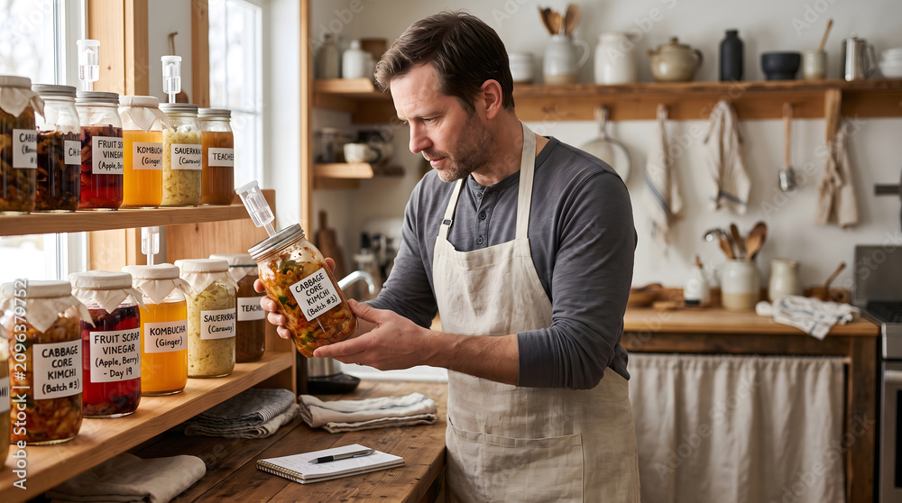 Fototapeta premium Man checking fermented food jars in kitchen